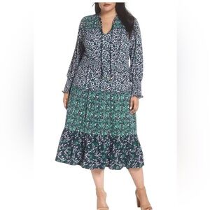 MICHAEL Michael Kors Boho Tiered Mix Print Peasant Midi Dress Medium Blue Green
